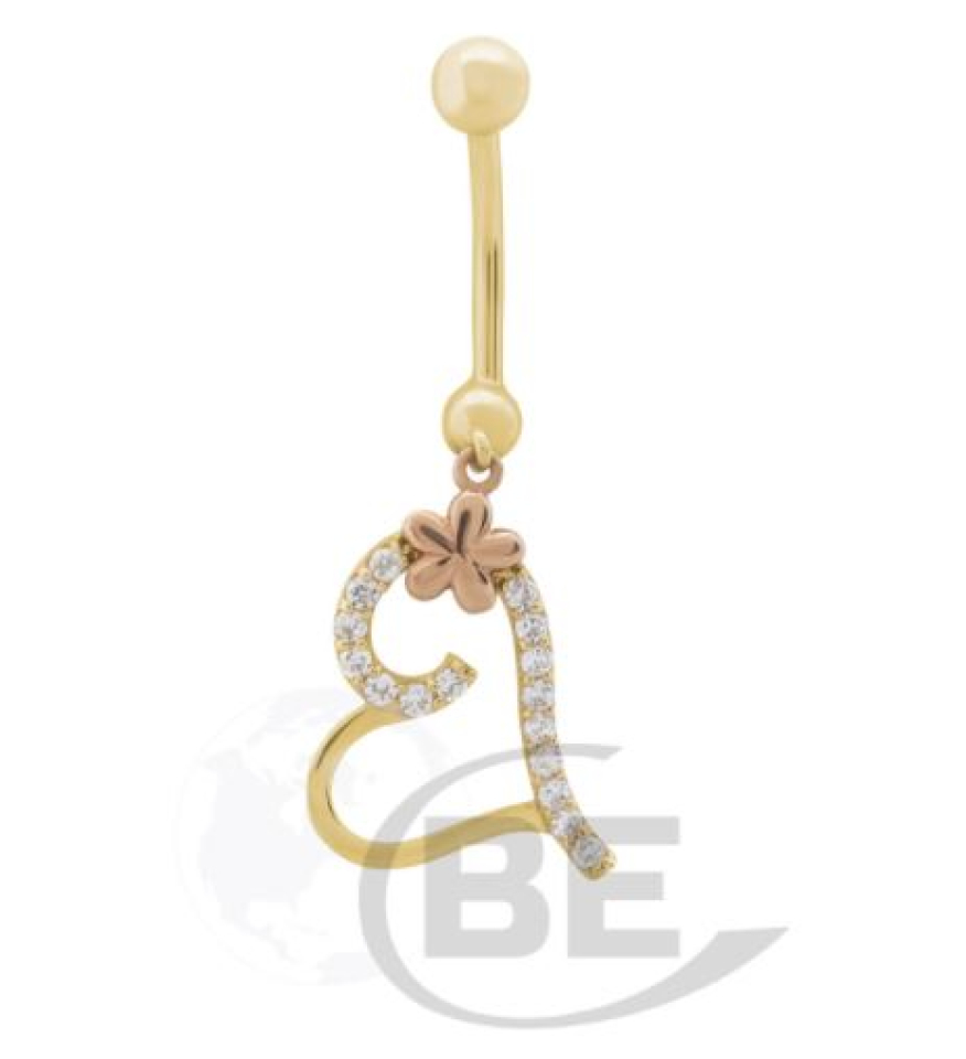 Barbel en or 14K, zircons, coeur et fleur - BPY-6245 - C.B.E