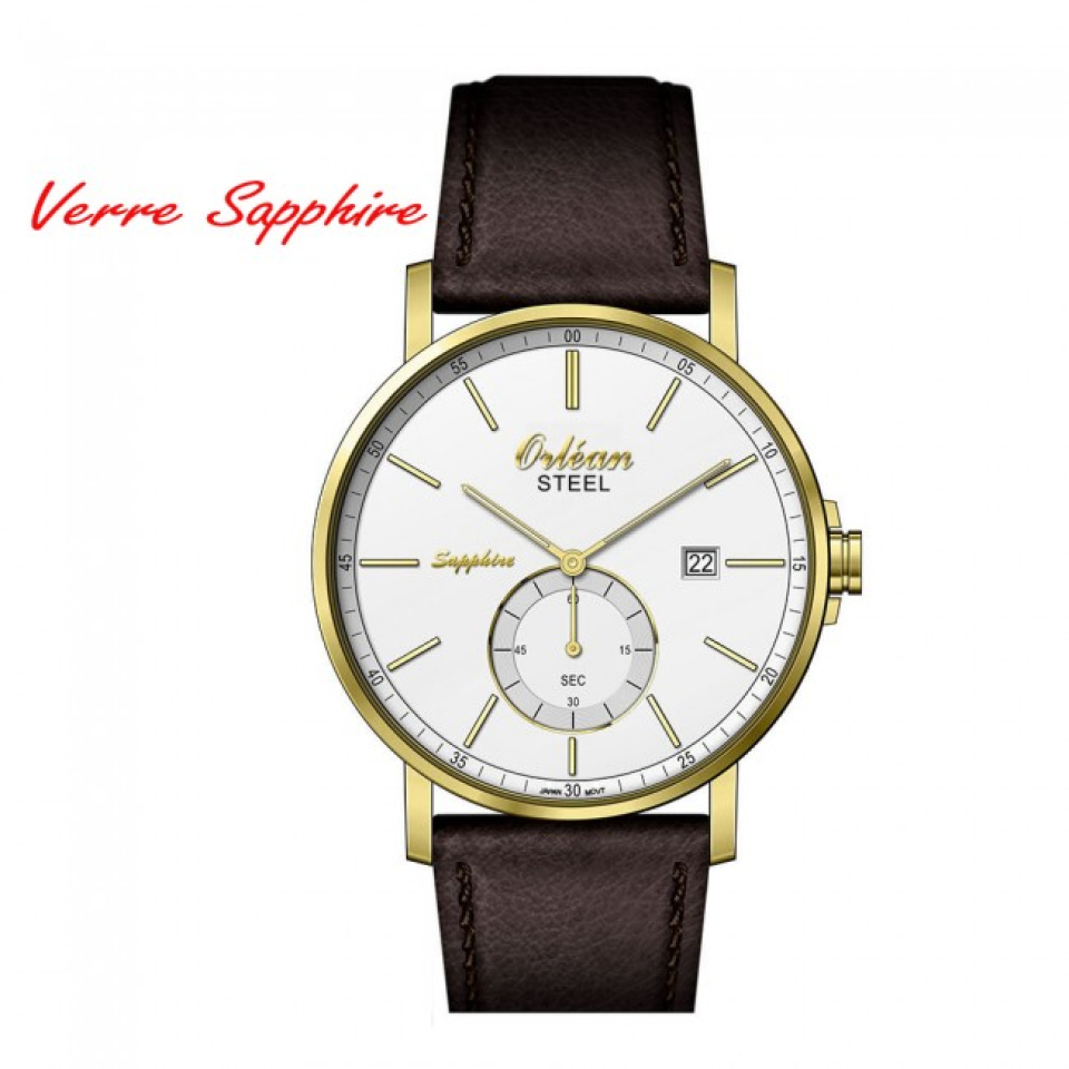 Montre homme, stainless, bracelet cuir, 3ATM, verre saphir - ME3124-5 - Orléan